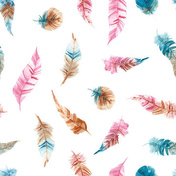 Seamless pattern of hand drawn watercolor feather