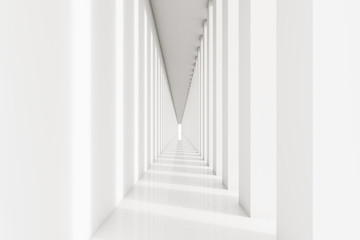 Long corridor with white columns and floor