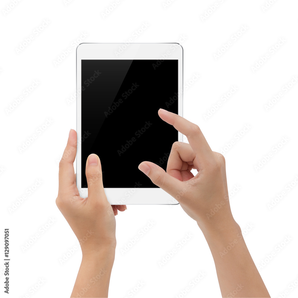 Aufkleber hand using digital tablet on white background, mock-up tablet bl