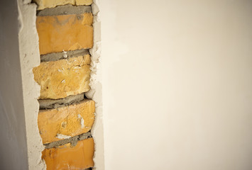Repair or construction of the house. Brick wall plastered on one side.