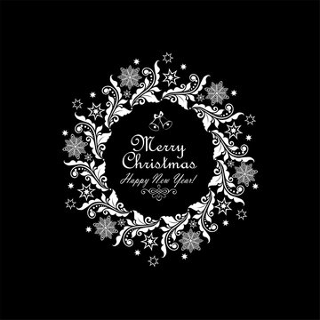 Vintage greeting card with xmas paper cut out wreath with floral pattern, snowflakes and star