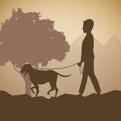 silhouette man and dog walk forest background vector illustration eps 10