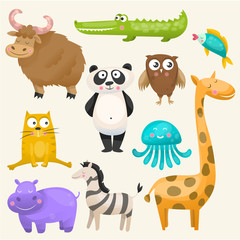 Zoo animals set. Panda,yak, crocodile, giraffe, owl, hippo, fish, zebra