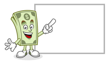 Blank paper, whiteboard, Dollar bill mascot, Money character, Dollar cartoon

