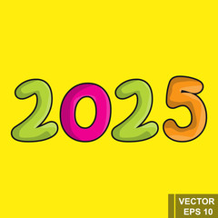 New Year. 2025 Cartoon figures isolated on a yellow background. Celebration. The calendar.