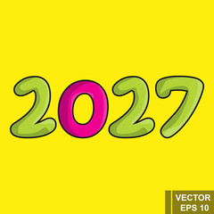 New Year. 2027. Cartoon figures isolated on a yellow background. Celebration. The calendar.