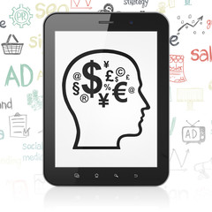 Advertising concept: Tablet Computer with Head With Finance Symbol on display