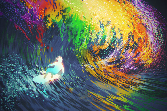 extreme surfer rides a colorful ocean wave,illustration painting