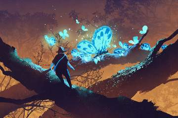 Fototapeta premium man looking at giant blue butterflies resting on tree branch,illustration painting