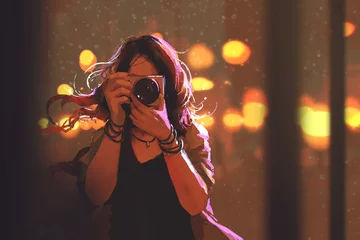 Tuinposter painting of woman with camera on night city background,illustration © grandfailure