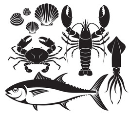 Seafood silhouette set. Lobster prawn, crab, tuna fish, shellfis