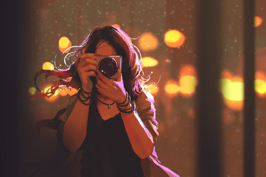 painting of woman with camera on night city background,illustration