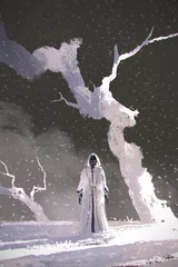 Tuinposter the white cloak standing in winter scenery with white trees,illustration painting © grandfailure