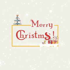 Merry Christmas. Cartoon christmas seamless pattern with tree, gift boxes, snow cap and fallling snow. Vector Illustration