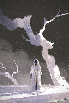 the white cloak standing in winter scenery with white trees,illustration painting