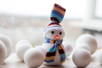 cute funny toy snowman as a symbol of Christmas on  white background, decor for new year