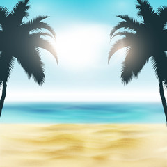 Paradise Beach Illustration | Sand and Palm Trees | Tropical Sea with Bright Sun