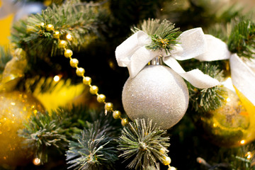 Bright christmas composition with  balls,  background blurry