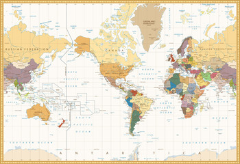 Vintage Color Map America Centered Political World Map