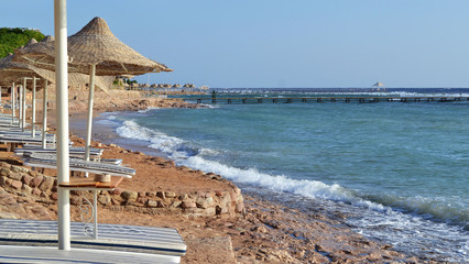 Tropical beach with blue ocean. Red sea, Egypt, Sharm El Sheikh. Beautiful summer landscape. Travel holiday background