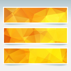 Vector banners set with polygonal abstract orange, yellow triangles. Abstract polygonal low poly banners.