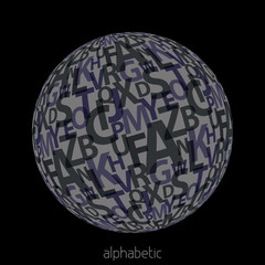 Abstract gray alphabetic orb with letters on a black background. Vector