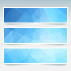 Horizontal banners set with blue polygonal triangles. Polygon background, vector illustration