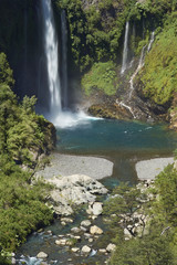 Waterfall Velo de la Novia (Bride's Veil) in Parque Nacional Radal Siete Tazas in Maule, Chile.