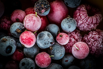 frozen berries, black currant, red currant, raspberry, blueberry. top view. macro - 129108290