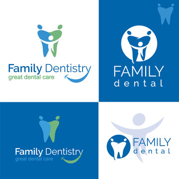 dental care. Abstract Vector illustration of teeth. Dental logo. Family dental clinic on white and blue backgrounds.