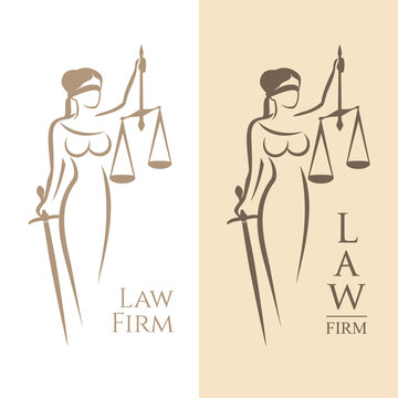 lady justice. Vector illustration of Themis statue holding scales balance and sword isolated on white background and silhouette on colored background. Symbol of justice, law and order