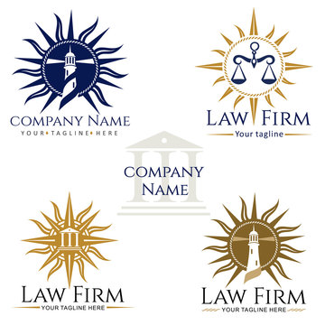 Law Firm Logos. Law firm logo, rose of wind, scales of justice, attorney, lighthouse