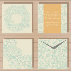 Wedding invitation or greeting card with abstract ornament. Vector envelope template for laser cutting. Paper cut card with silhouette.