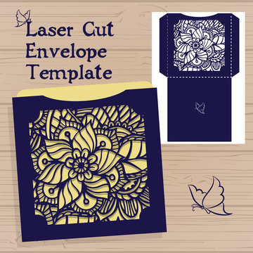 Lasercut vector wedding invitation template. Wedding invitation envelope with flowers for laser cutting. Lace gate folds.Laser cut vector.