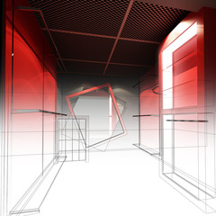 sketch design of interior shop ,3d render 