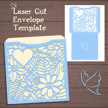 Lazercut vector wedding invitation template. Wedding invitation envelope with flowers for laser cutting. Lace gate folds.Lazer cut vector.