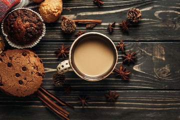 aromatic coffee cookies and anise flat lay on wooden background,