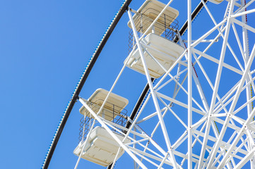 Underside view of a ferris wheel rotating downward