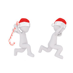 Two 3d men playing with a striped candy cane