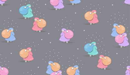 Santa Clauses brings gifts in a big bags on grey background. Vector pattern illustration.