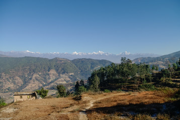 Fototapeta na wymiar View of the Himalayan mountain and village near Nagarkot, Kathmandu valley