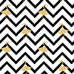 Obraz premium flamingo gold silhouette on abstract black chevron pattern seamless background illustration