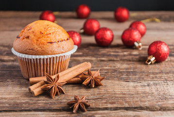 Christmas Cupcake on Wooden Background. Horizontal.