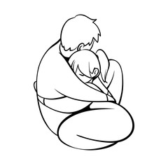 Hand drawn illustration with hugging lovely couple. Sketch in black isolated on white background. Simple cartoon stile. Valentine day greeting card.