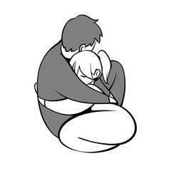 Hand drawn illustration with hugging lovely couple. Sketch in black and grey isolated on white background. Simple cartoon stile. Valentine day greeting card.