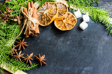Christmas spices and fir tree