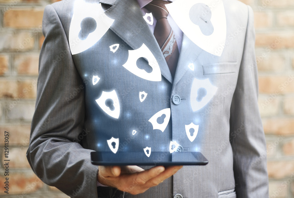 Poster businessman holding tablet computer with shields cloud safety security internet business technology 