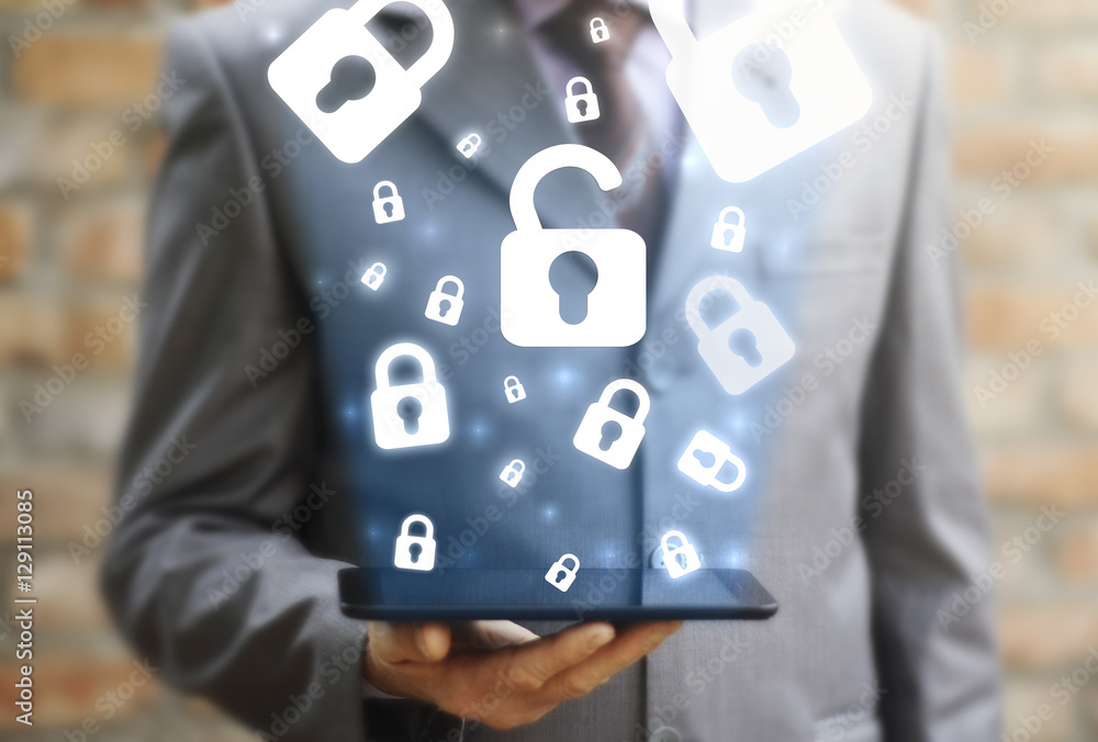 Poster businessman holding tablet computer with open unlock lock and cloud lock security safety internet bu