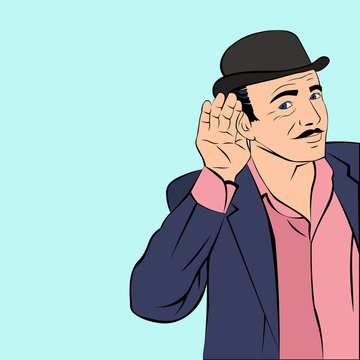 Mafioso in hat listening to the news. Handsome young man interested in rumors. Illustration in pop-art style