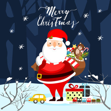 Santa Claus carrying the Christmas presents. vector illustration
